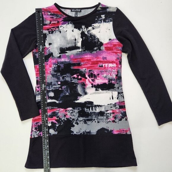 Marble Sweater Mini Dress XS Black Pink Abstract Long Sleeve Crew Neck Fine Knit - Picture 4 of 9